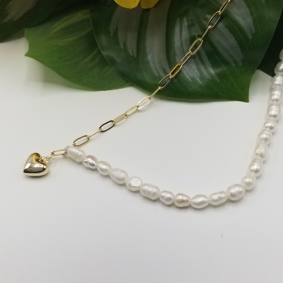 NEW 18K Gold Plated Real Baroque Pearl Chain Link Heart Pendant Choker Necklace - Picture 9 of 11